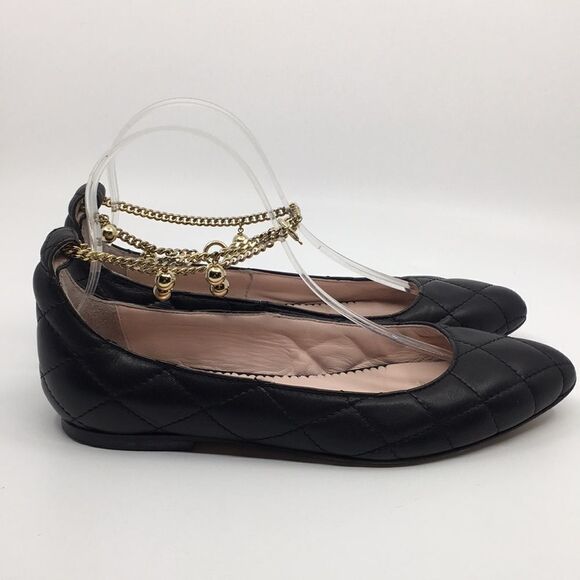 M Missoni Quilted Black Leather Ballet Flats with Gold Ankle Strap Sz EU 37 US 7 - Picture 1 of 16